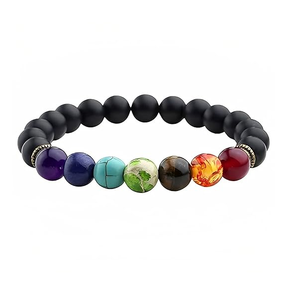 7 Chakra Crystal & Black Obsidian Beads Bracelet for Men & Women — Healing Stone for Energy Cleansing, Chakra Balancing & Spiritual Growth