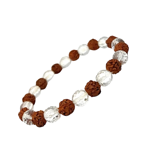 Combination of Clear Quartz & Rudraksh Round Beaded Bracelet for Calmness & Spiritual Connection